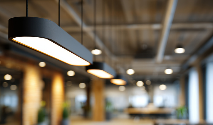 Moderne, längliche LED‑Hängeleuchten in einem Innenraum mit unscharfem Hintergrund