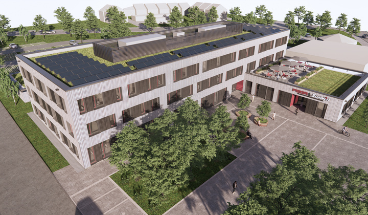 Architekturvisualisierung des neuen FEGA & Schmitt Gebäudes mit PV‑Modulen und Dachbegrünung