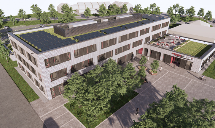 Architekturvisualisierung des neuen FEGA & Schmitt Gebäudes mit PV‑Modulen und Dachbegrünung
